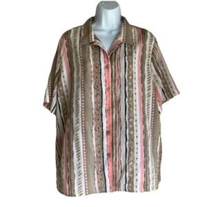 VTG Allison Daley Women Plus Size 16 Academia Tan Pink Stripe Button Up Blouse